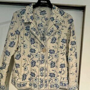 J Jill Linen Jacket, Off White & Blue, Embroidered, Size Medium